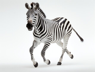A Zebra running on a white studio background