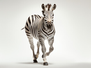 A Zebra running on a white studio background