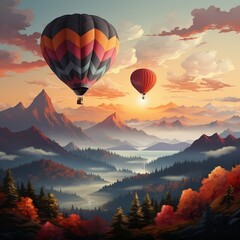 Fototapeta premium Colorful hot air balloon floating over mountains at sunrise