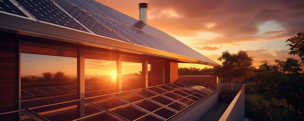 Solar panels installed on the roof of a house, golden hour