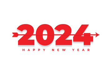 Happy new year 2024 red text typography design with long arrow element for flyer banner design