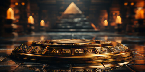 Ancient golden product display podium with pyramids background.