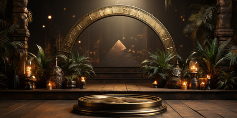 Ancient golden product display podium with pyramids background. - obrazy, fototapety, plakaty