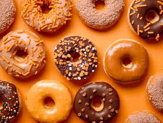 Donut with icing sugar on orange background.