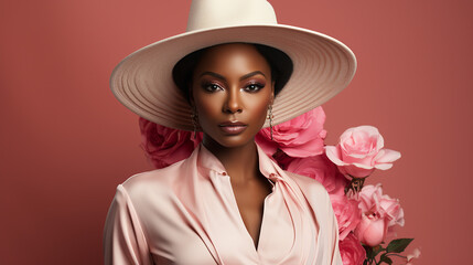 Modische afroamerikanische Frau mit Hut und Kleid. Fashionable african american woman in hat and dress.