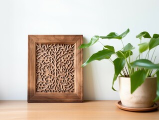 Wooden picture frame on wooden table and green plant in pot. Generative AI