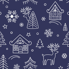 Fototapeta premium Reindeer in forest seamless pattern. Christmas navy background. Winter style. Vector illustration