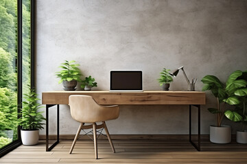 Remote working space at home, wooden desk chair laptop lamp and plants in a living room, modern design wooden floor large window, natural light, gray wall, teleworking set comfortable warmy