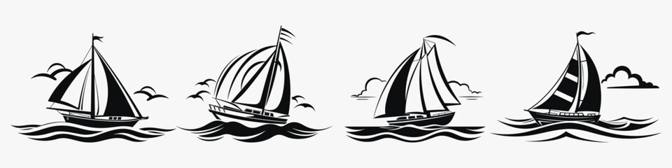 sailboat silhouette vintage logo design on Sea Ocean Wave with Doodle line art style vector illustration design