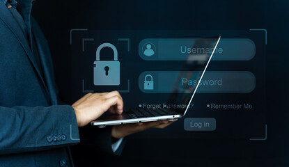 Concept of security data network, Prevent online identity theft, user and password login on visual screen.