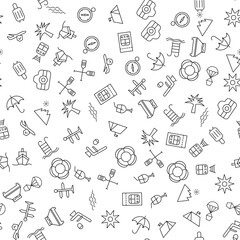 Paddles, Train, Palm, Seat, Bed, Life Circle, Tent, Drink Seamless Pattern for printing, wrapping, design, sites, shops, apps