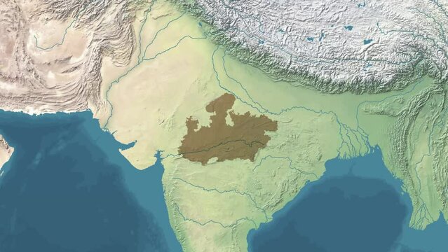 Zoom in animated Satelite map of Madhya Pradesh state or province of India with area revealing