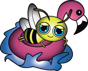 This adorable illustration features a beaming, smiling bee relaxing comfortably on a flamingo-shaped floaty. The bee is enjoying the sun and vacation, emanating pure happiness and fun. Her smile is co