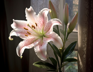 Garden Beauty: Pink Lily with Leaves Photography Created with generative AI tools.