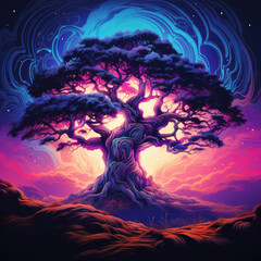 Colorful oak tree in a neon pink and purple retrowave 1980s aesthetic