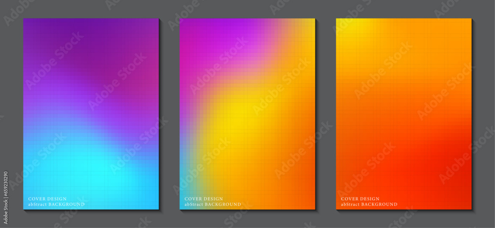 Poster cover designs pixels mosaic pattern gradient colorful graphic background set. concept design and pri