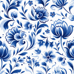 Fototapeta na wymiar Seamless pattern in Dutch delft blue and white traditional handpainted flowers.