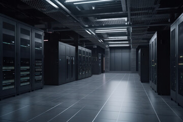 A long hallway of a modern data center showcases the power and efficiency of advanced technology, with rows of server racks and high-tech infrastructure, AI Generative.