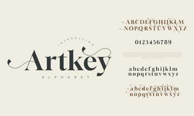 Artkey premium luxury elegant alphabet letters and numbers. Elegant wedding typography classic serif font decorative vintage retro. Creative vector illustration