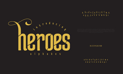 Heroes premium luxury elegant alphabet letters and numbers. Elegant wedding typography classic serif font decorative vintage retro. Creative vector illustration