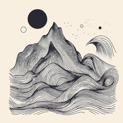 Mountain Wave Line Art Print. Abstract Vector Illustrations Featuring Contemporary Aesthetic Backgrounds with Breathtaking Mountain Landscapes.