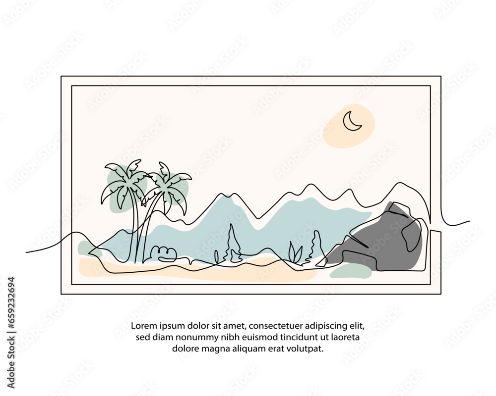 Poster one line nature hill view poster drawing with a beautiful frame. abstract minimal continuous line wa