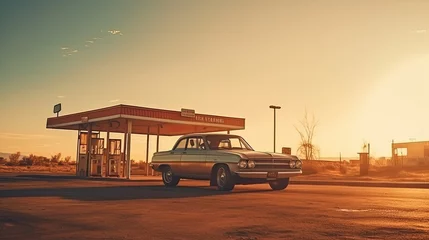 Tuinposter A vintage car at the petrol station in The desert, far from the city © Sasint