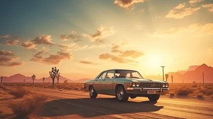 Foto op Canvas A vintage car at Country road in The desert, far from the city © Sasint