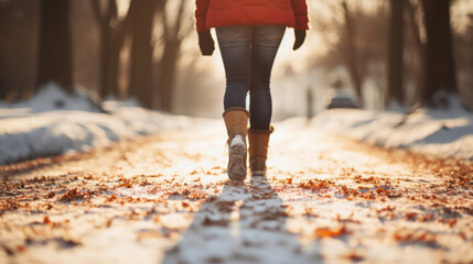A girl in winter clothes walking through a snowy park with fall leaves.