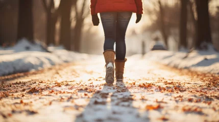 Poster A girl in winter clothes walking through a snowy park with fall leaves. © tashechka