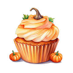 Fall pumpkin spice frosted cupcake, isolated on transparent background