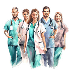 Watercolor isolated illustration of group of doctors and nurses - obrazy, fototapety, plakaty