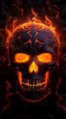  A close-up of a carved skull with a glowing face. Halloween concept.