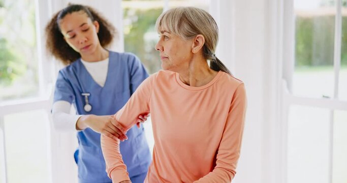 Arm pain, massage or nurse with a senior woman for injury checkup or consulting in retirement. Accident, doctor helping or injured mature patient in physiotherapy rehabilitation for healing advice