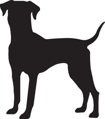 black flat Dog Silhouette. No open shape or path. Dog breed, veterinary, dog walking, pet sitting logo inspiration. Dog show, competition, pet store, guide dog isolated on transparent background.