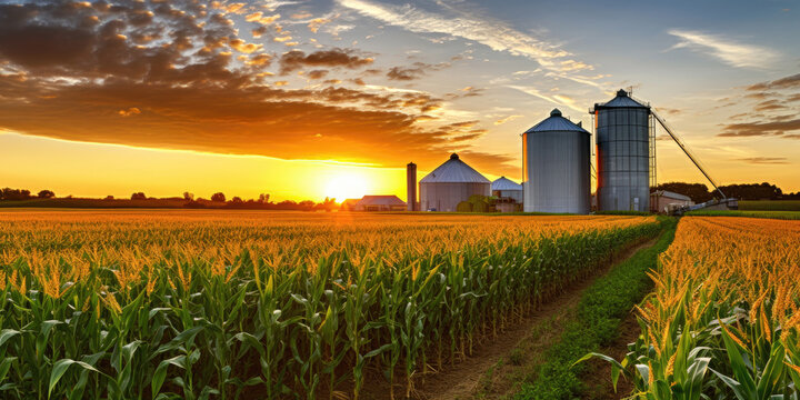 Cornfield with silos and farm in the distance