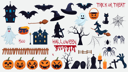 Naklejka premium Set of Halloween elements such as pumpkins, ghosts, bats, spiders, witches, and others. isolated on a white background. vector halloween collection