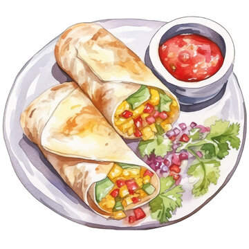 Breakfast burritos on a plate with salsa. Isolated