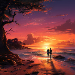 Silhouette of a romantic couple enjoying the sunset on the beach, watercolor