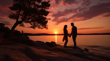 Fototapeta na wymiar Silhouette of a romantic couple enjoying the sunset on the beach
