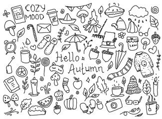 autumn doodle set, vector isolated hand drawn elements