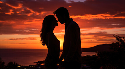 Silhouette of Romantic couple kissing at sunset on the beach