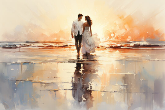 Silhouette of a romantic couple enjoying the sunset on the beach, watercolor