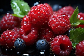 Fresh raspberries and blackberries with water splash