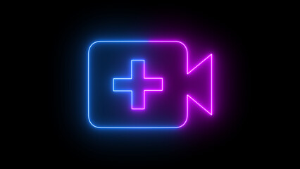 neon video camera icon. neon camera sign. Glowing neon line Movie or Video camera icon isolated on black background. - obrazy, fototapety, plakaty