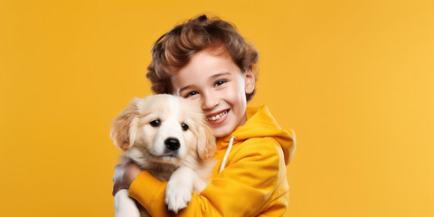 cute kid with a dog isolated on yellow background with copy space