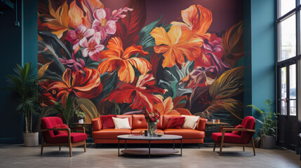 Flower mural in a minimally furnished room