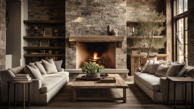 Fototapeta Rustic elegant house meets modern interior with fireplace