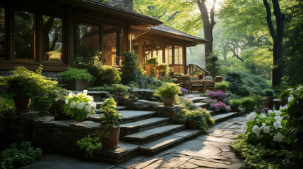 ECO friendly house with lots of plants in the garden and a paved path