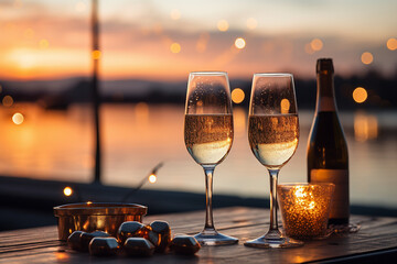 Sparkling New Year's celebration with glasses and champagne on a beach background with fireworks - obrazy, fototapety, plakaty
